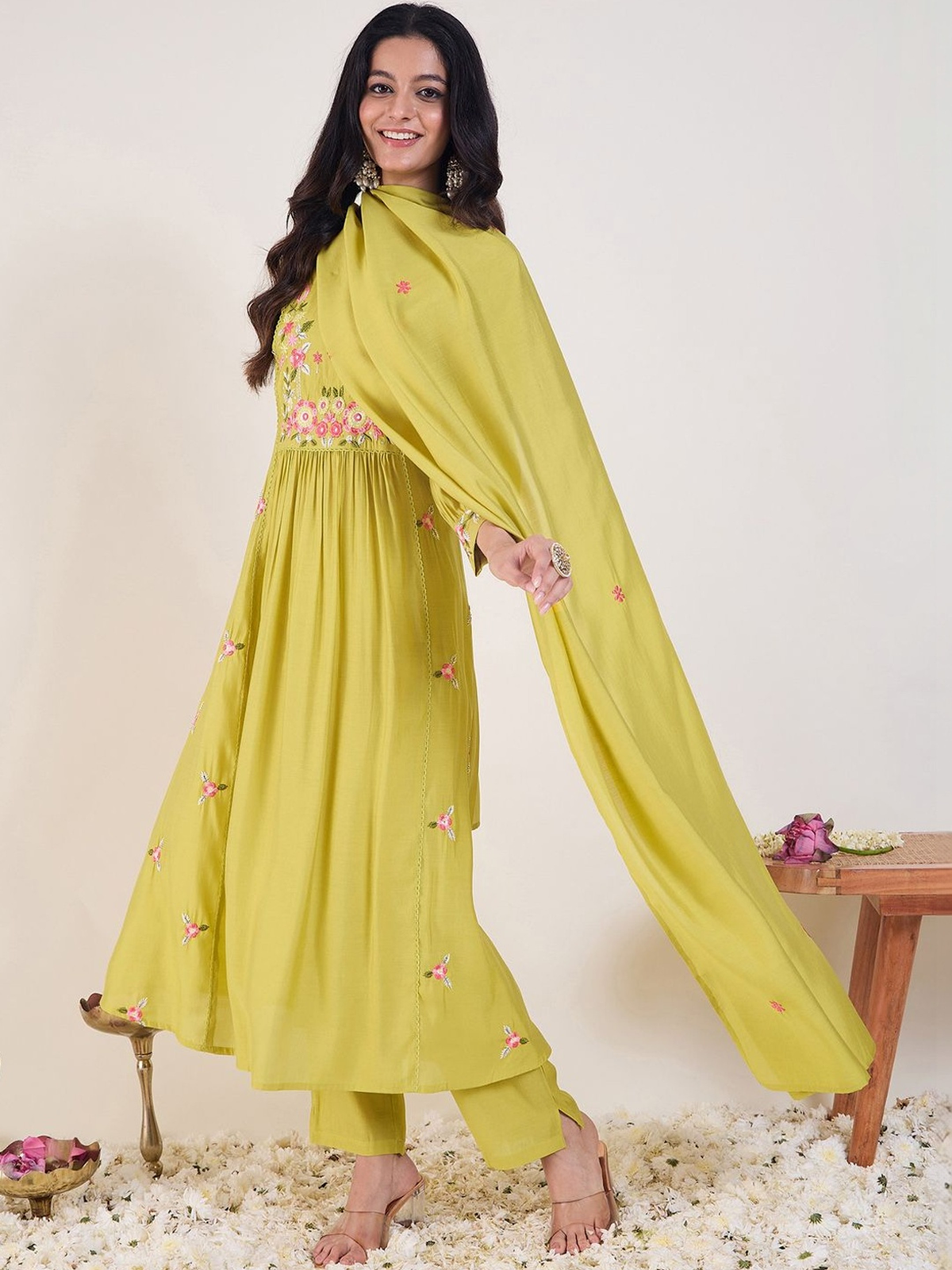 Green Embroidered A-Line Kurta Set with Trousers & Dupatta