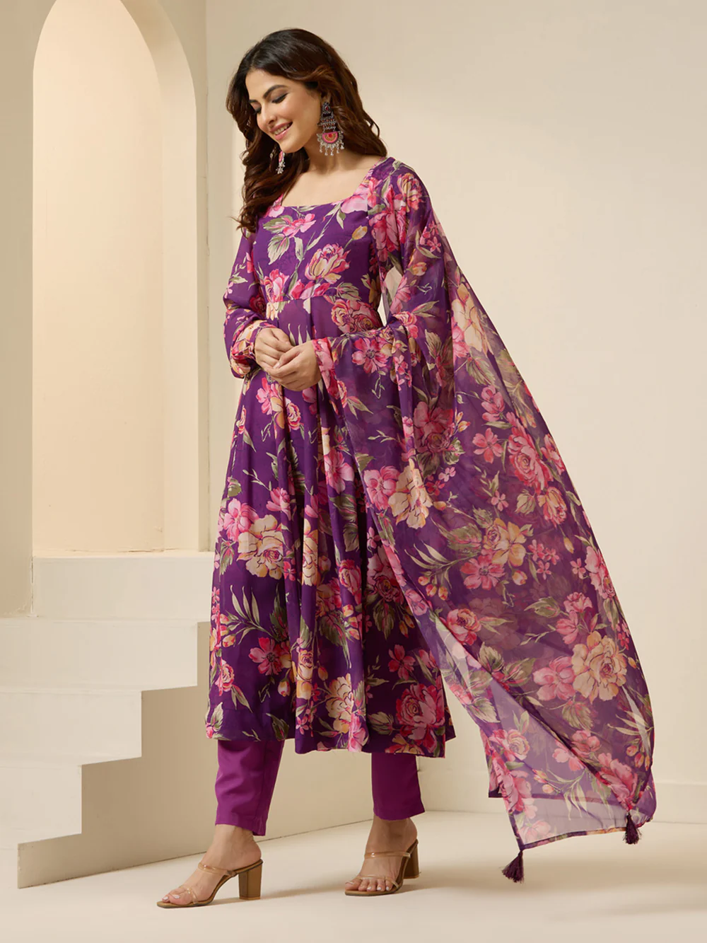 Graceful purple Polyester Printed fit and flare Kurta set with dupatta