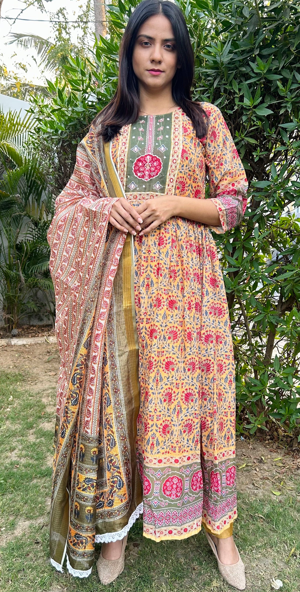 Embroidered cotton Kurta Set with Palazzos & Dupatta