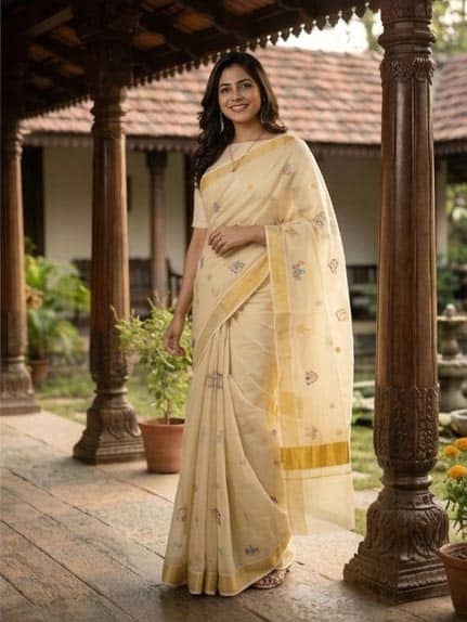 Tissue Cream Kasavu Border Set Saree with Embroidered Patterns