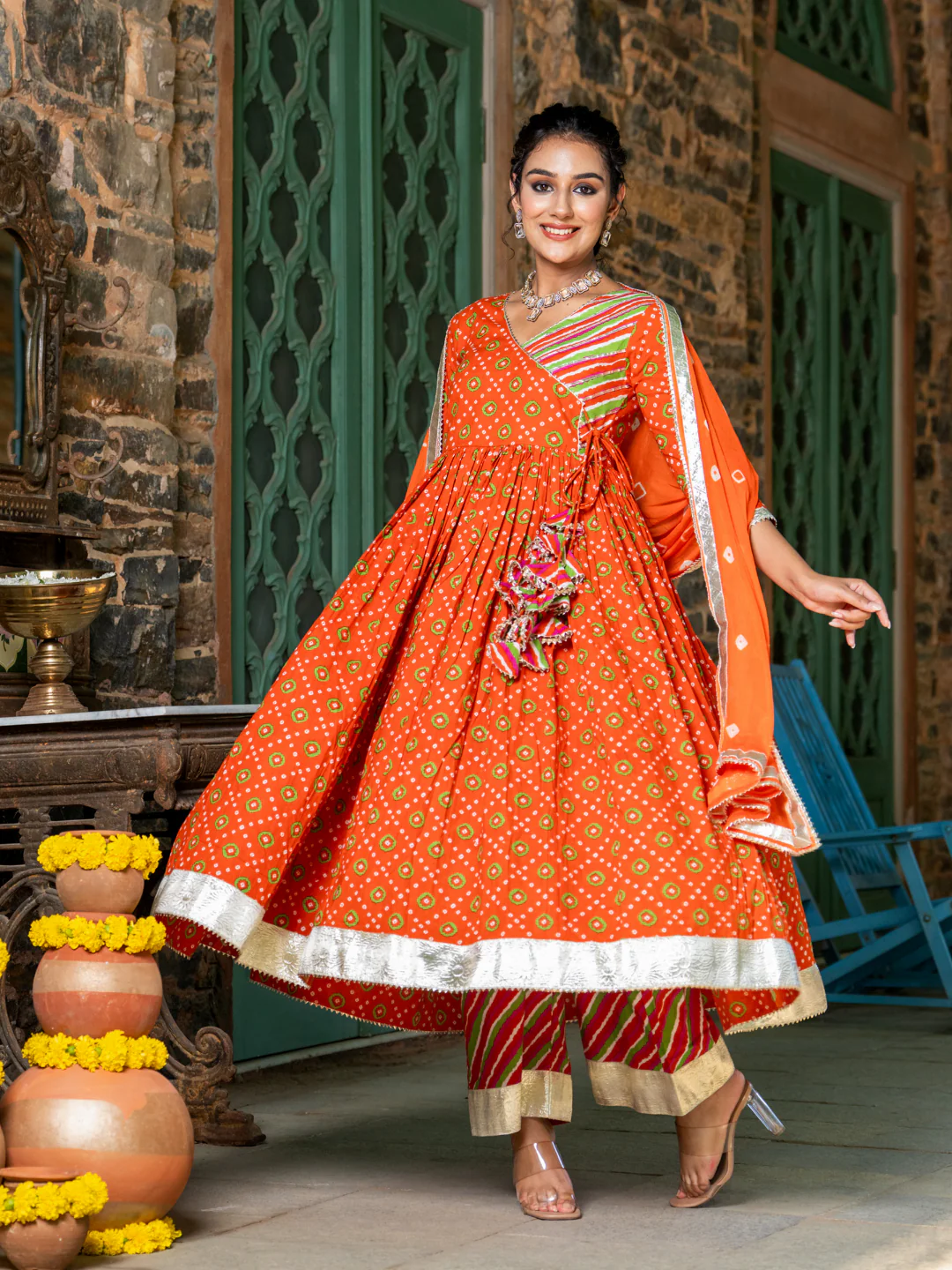 Orange Cotton Festive Suit Set with Palazzo & Dupatta