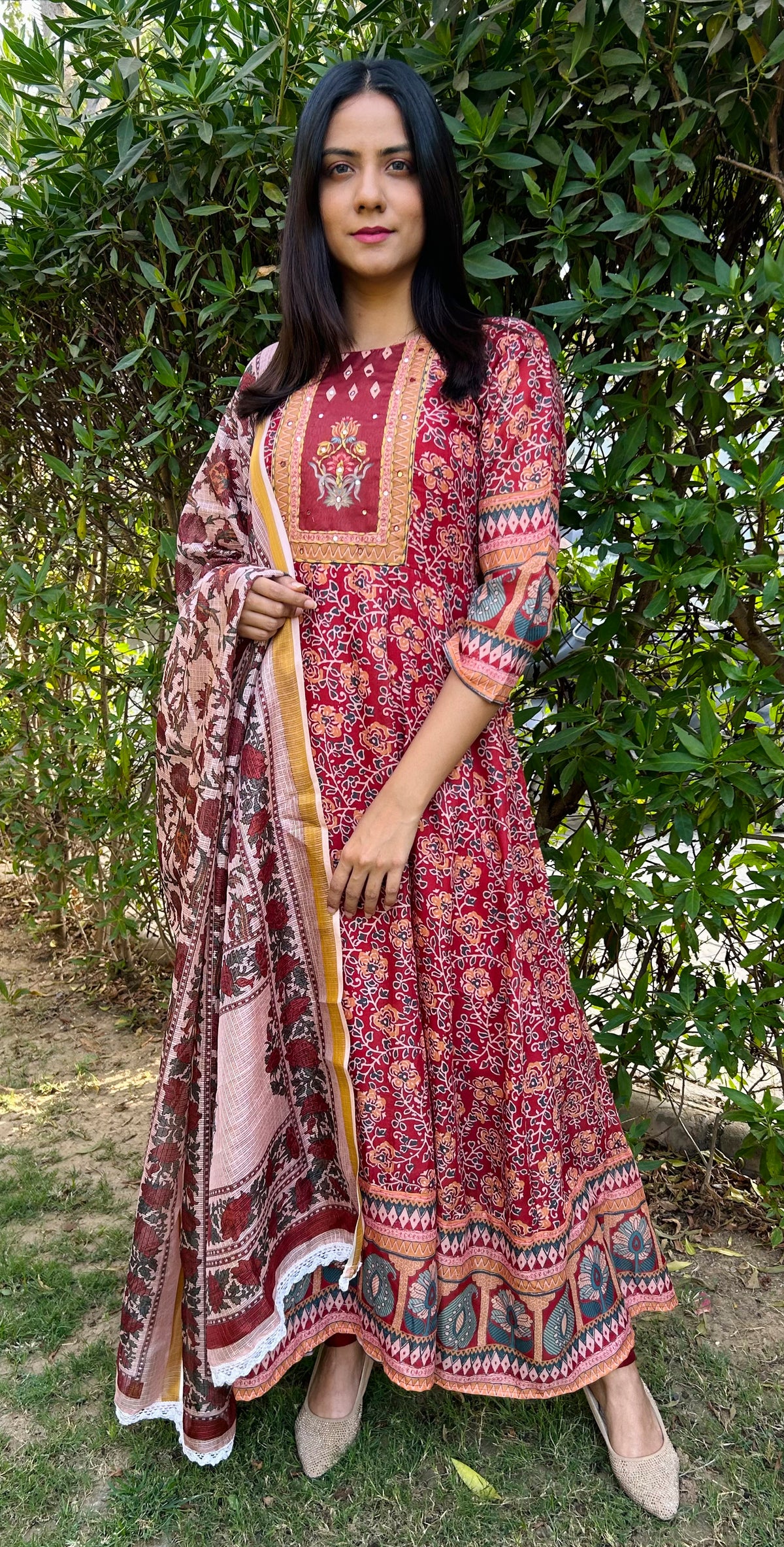 Floral Printed Cotton Anarkali Kurta Set with Trousers & Dupatta