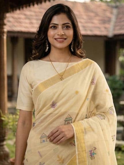 Tissue Cream Kasavu Border Set Saree with Embroidered Patterns