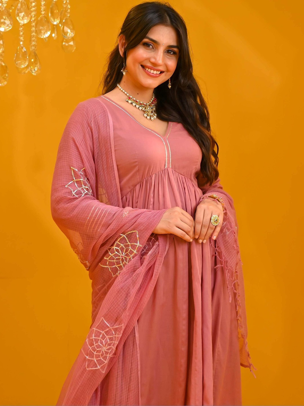 Pink Solid Empire Anarkali Kurta Set with Trousers & Embroidered Dupatta