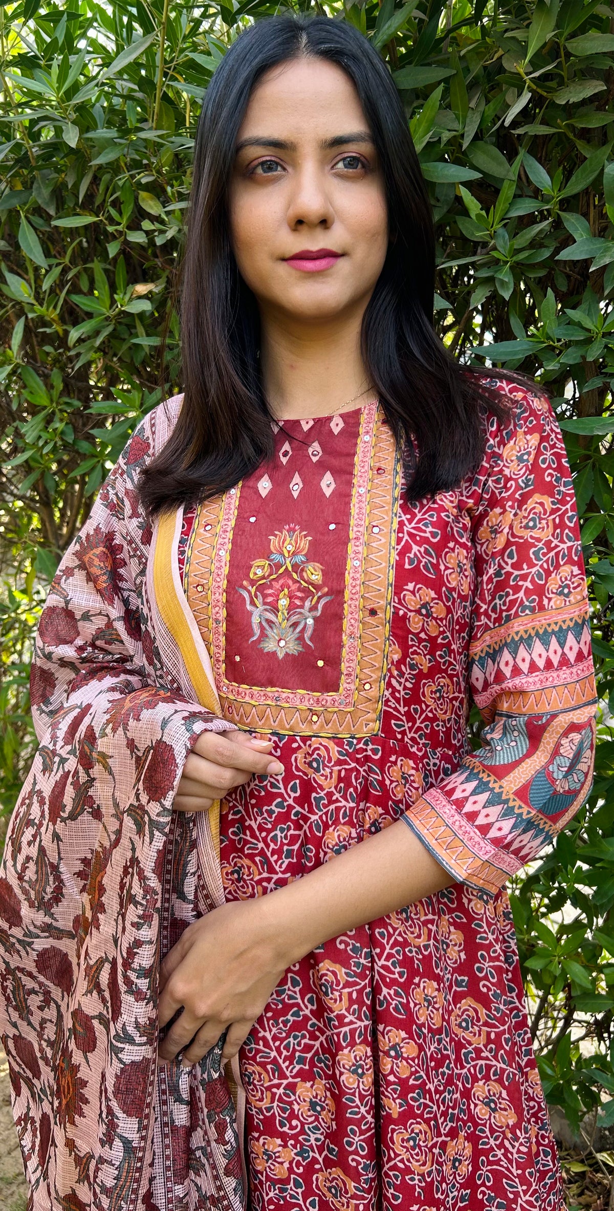 Floral Printed Cotton Anarkali Kurta Set with Trousers & Dupatta