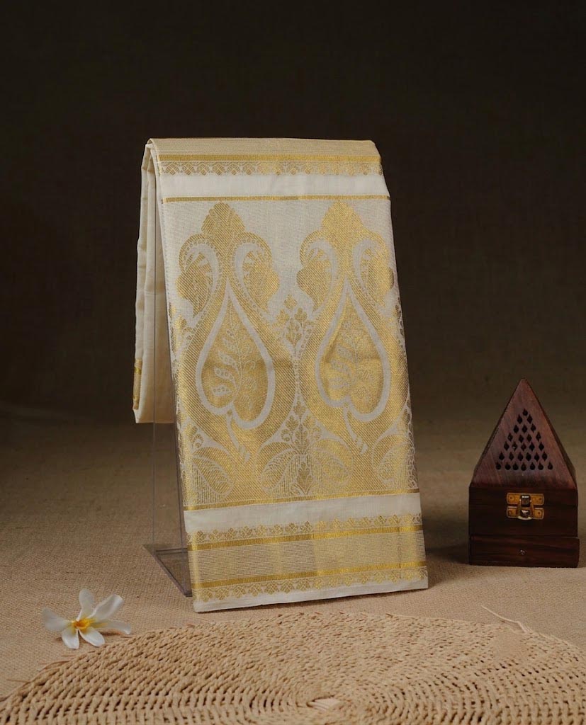 Cream Cotton Kasavu Saree with  Traditional Floral Motifs