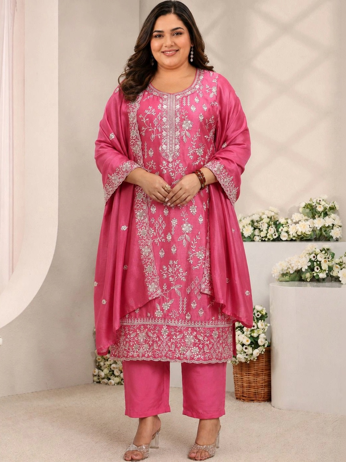 Pink Embroidered Silk Blend Kurta Set with Trousers & Dupatta aromie