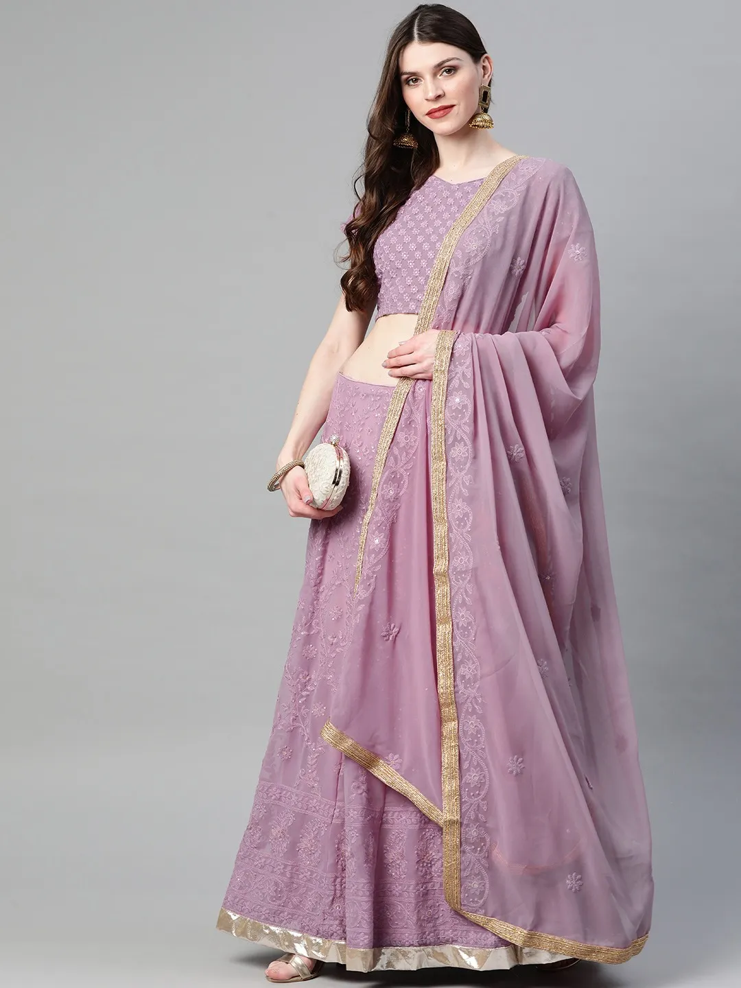 Lavender lehenga choli set USA made of lightweight fabric, perfect for weddings or festive occasions with intricate detailing