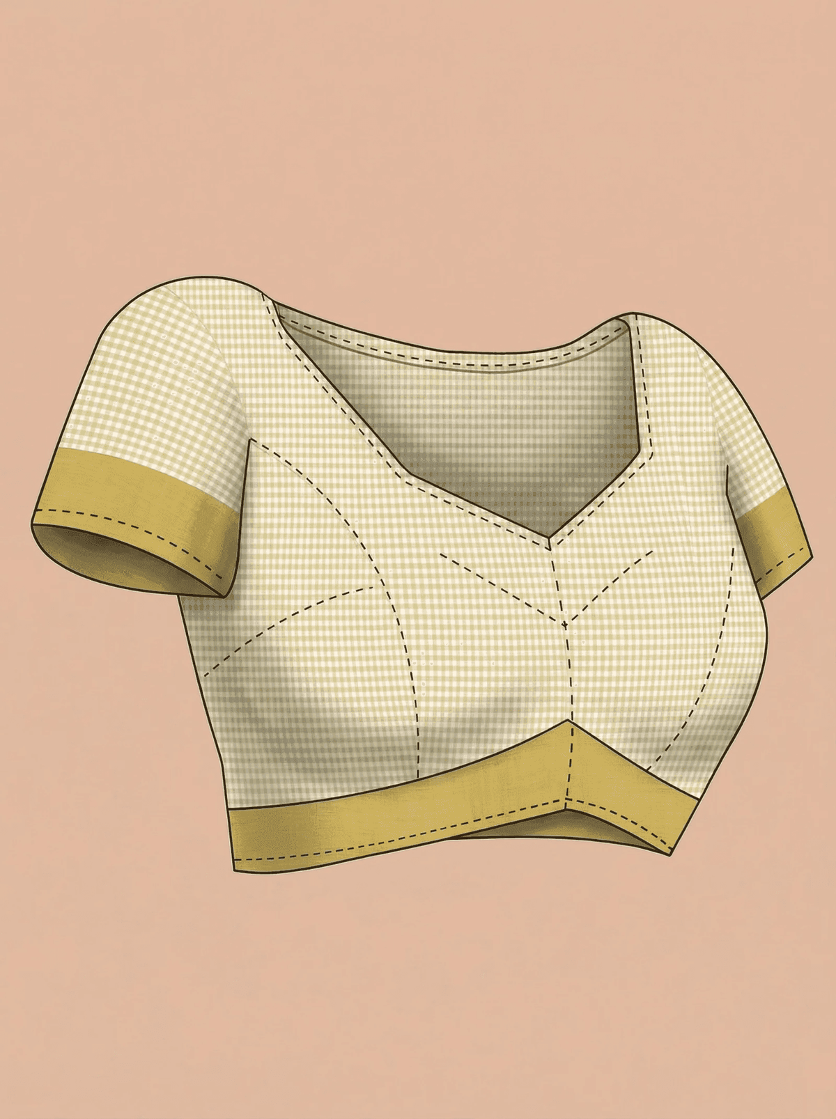 White blouse with yellow trim on a pink background