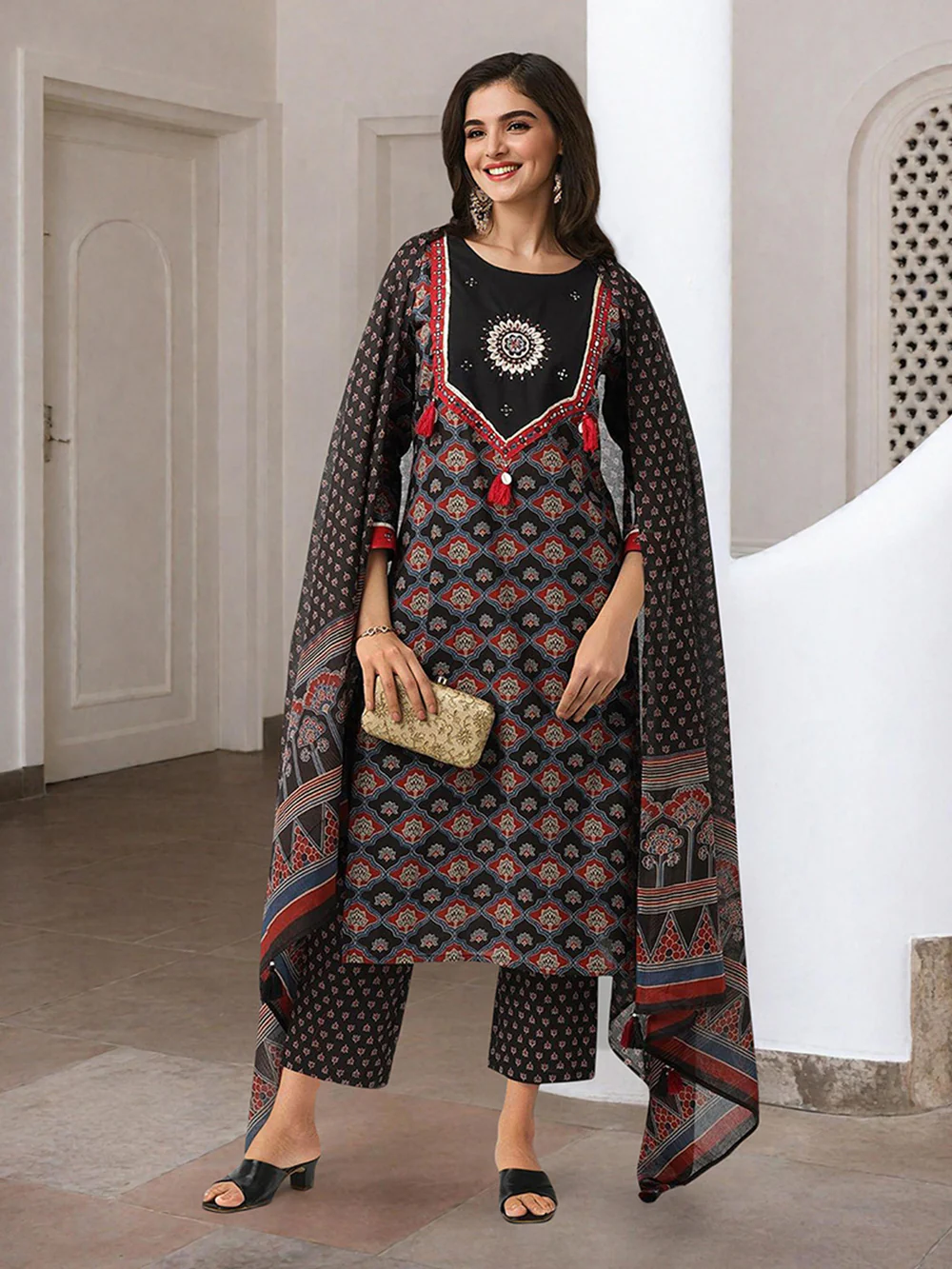 Comfy Black Pure Cotton Ajrakh Print Straight fit kurta set with dupatta