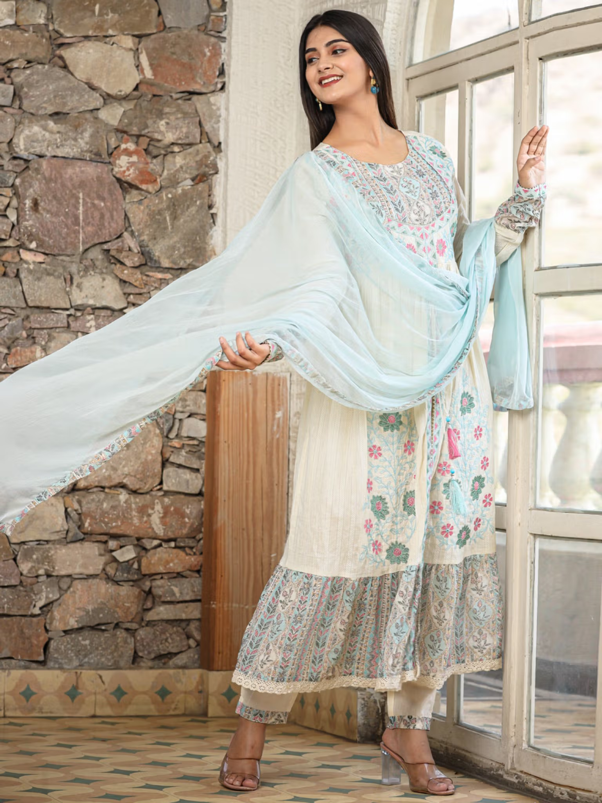 Floral Anarkali Kurta Pants Set with Dupatta | M