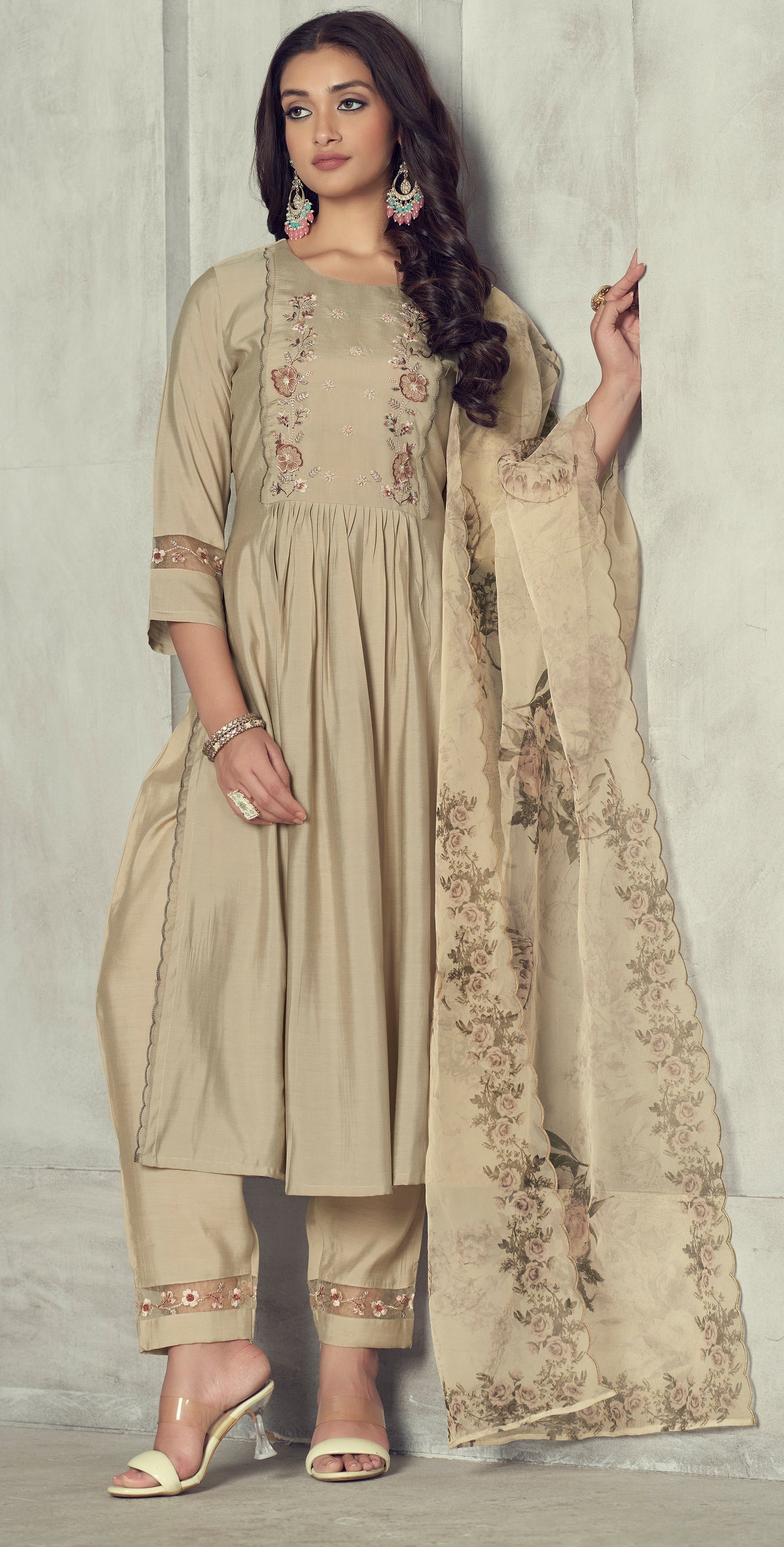 Biege Embroidered Kurta Set for Women