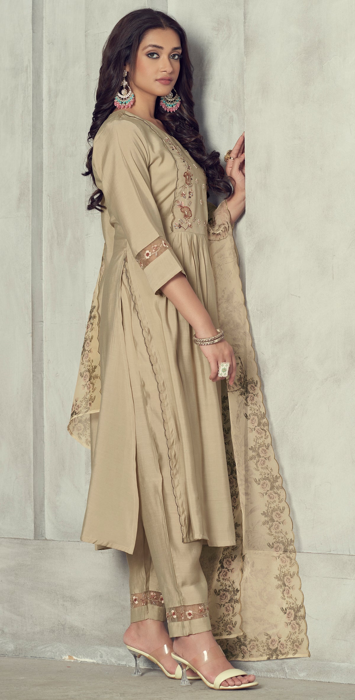 Biege Embroidered Kurta Set for Women