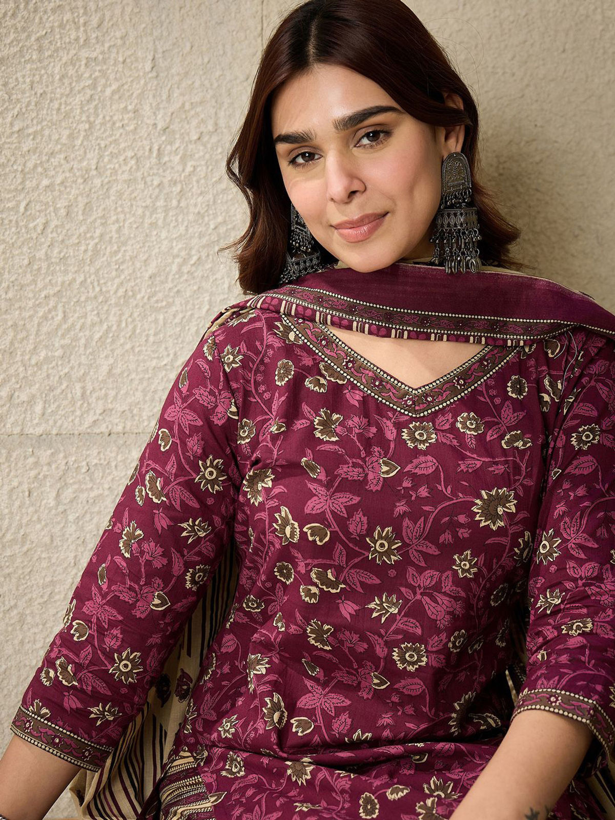 Maroon Floral Printed Cotton Kurta Set with Salwar & Dupatta