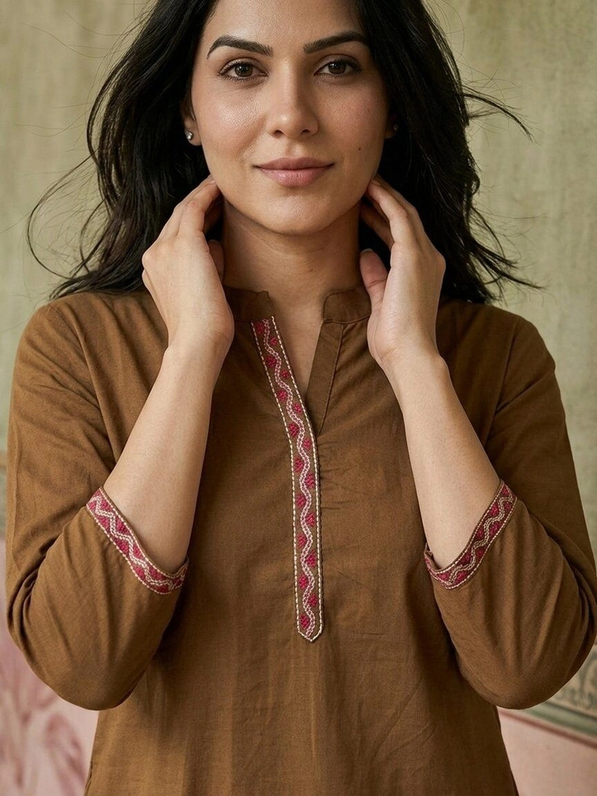Women’s Brown Embroidered Rayon Kurti AROMIE.STORE