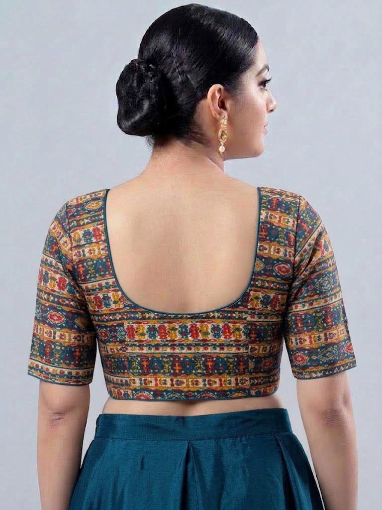 Navy Blue Multicolour Printed Stretchable Saree Blouse