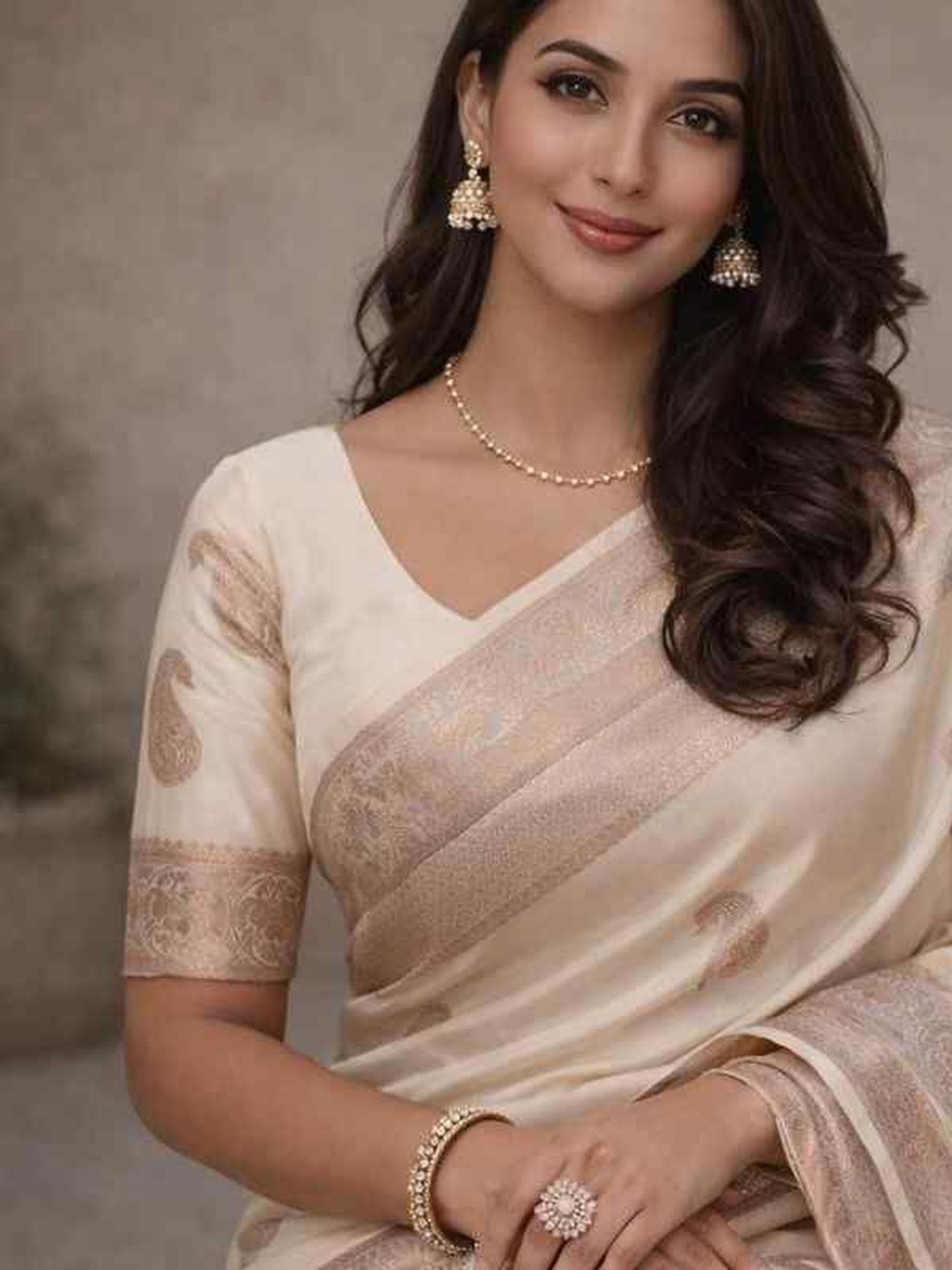 Cream Banarasi Paisley Woven Silk Saree with Zari Border