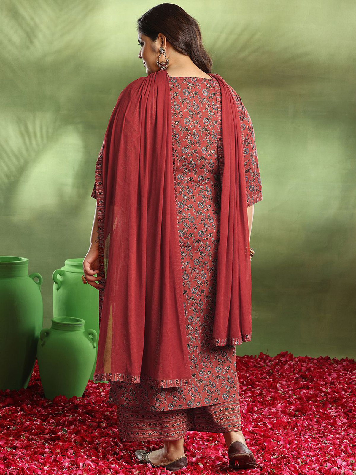 Plus Size Rust Floral Kurta Set with Palazzos & Dupatta aromie