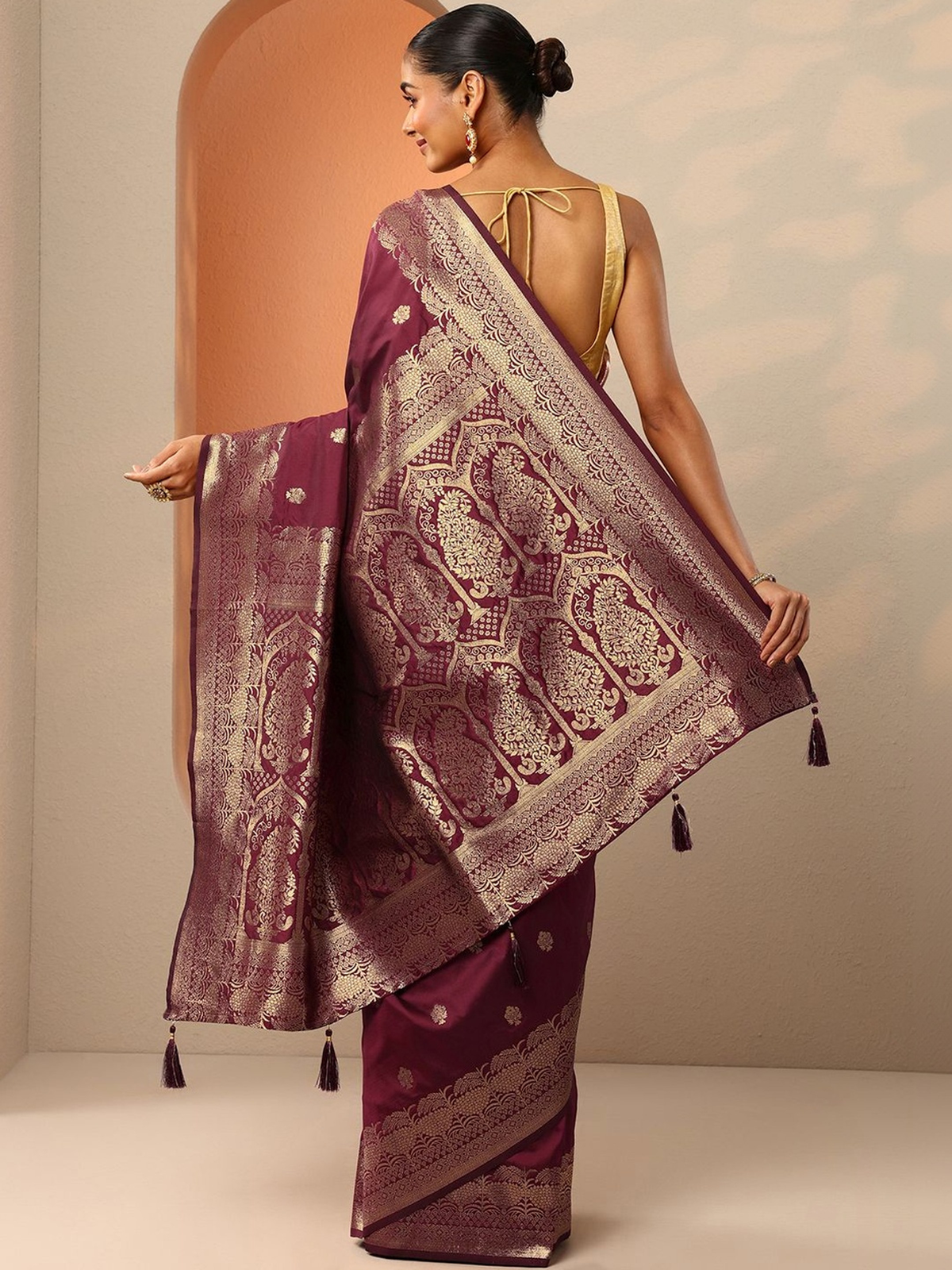 Maroon Banarasi Silk Blend Saree with Woven Ethnic Motifs aromie
