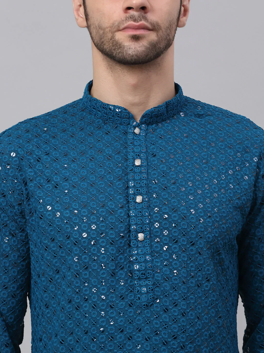 Men Blue Chikankari Embroidered and Sequence Kurta Only