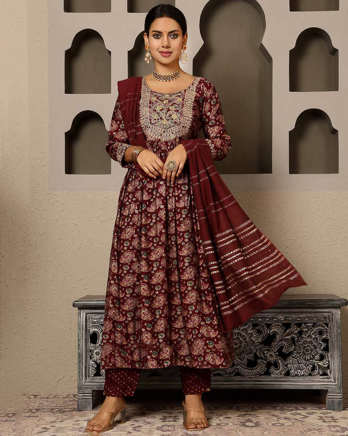 Aromie three piece cotton embroidered kurta set Canada in maroon with intricate floral embroidery