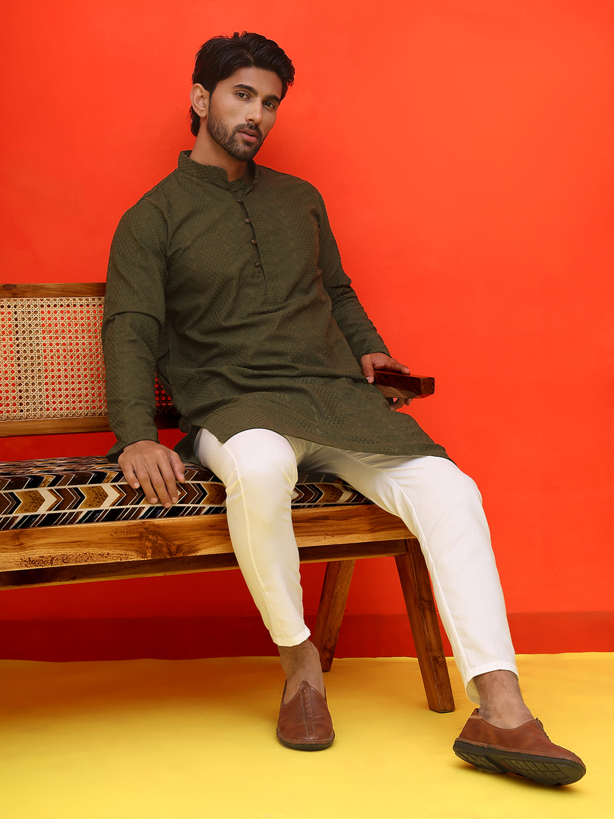 Men’s Olive Green Chikankari Cotton Kurta AROMIE | Affordable Indian Clothes & Dresses in Canada
