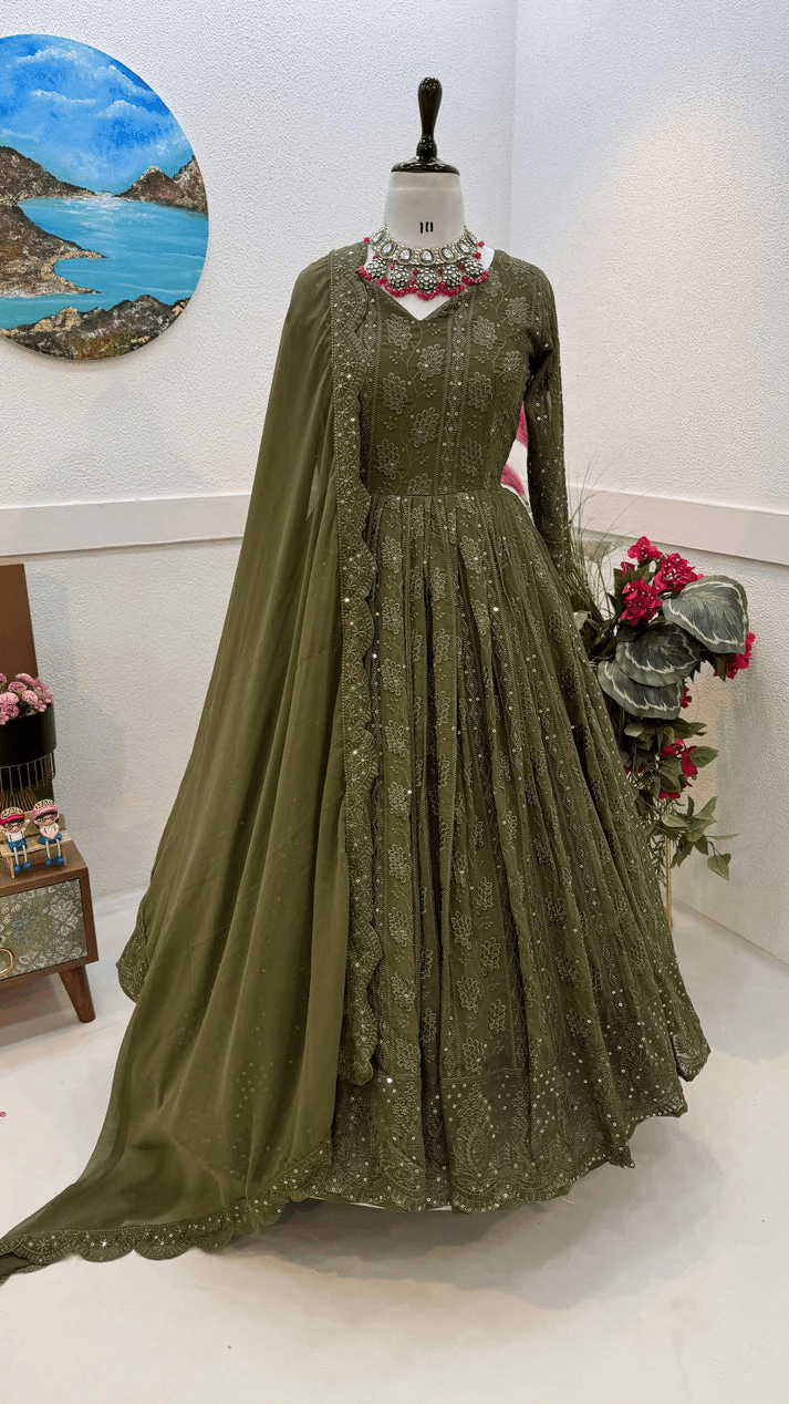 Mehndi Green Fox Georgette Gown aromie
