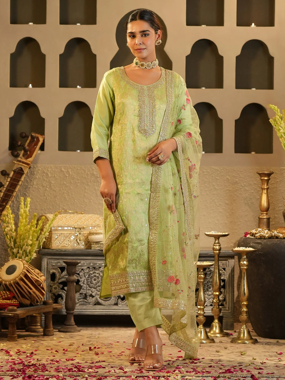 Green Zari Embroidered Kurta Set with Net Dupatta aromie