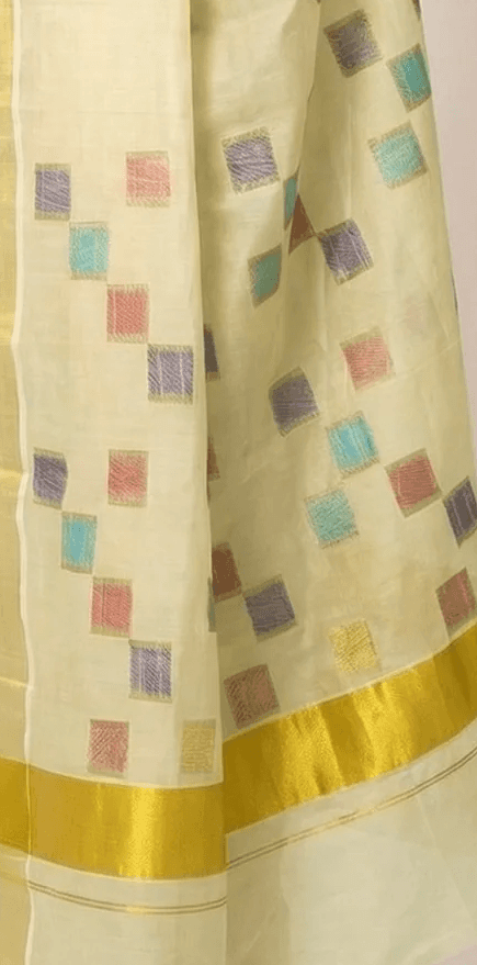 Cotton Cream Saree with Multicolor Geometric Motifs and Golden Border Set Saree