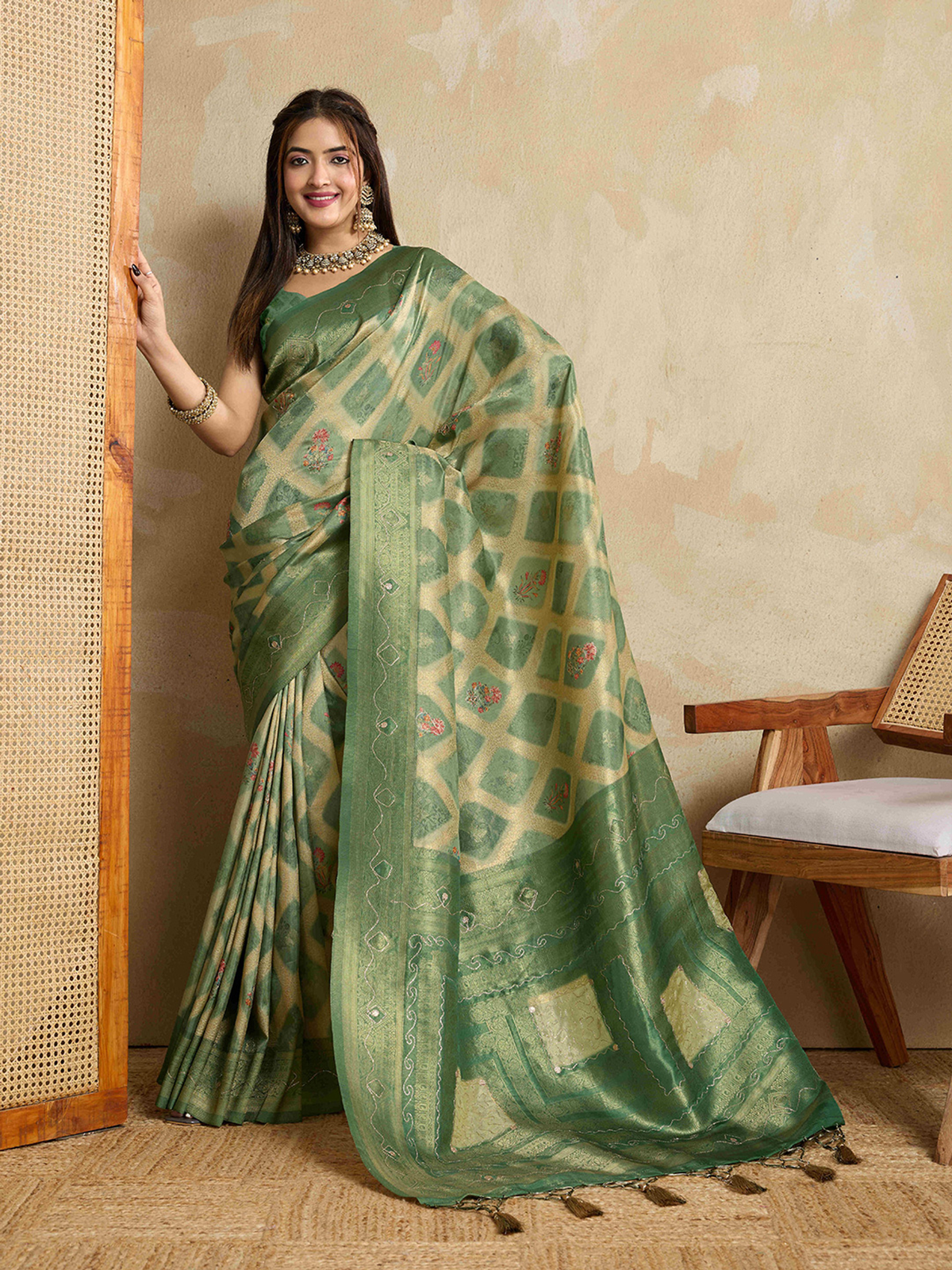 Green & Beige Banarasi Art Silk Saree with Aari Work & Woven Border