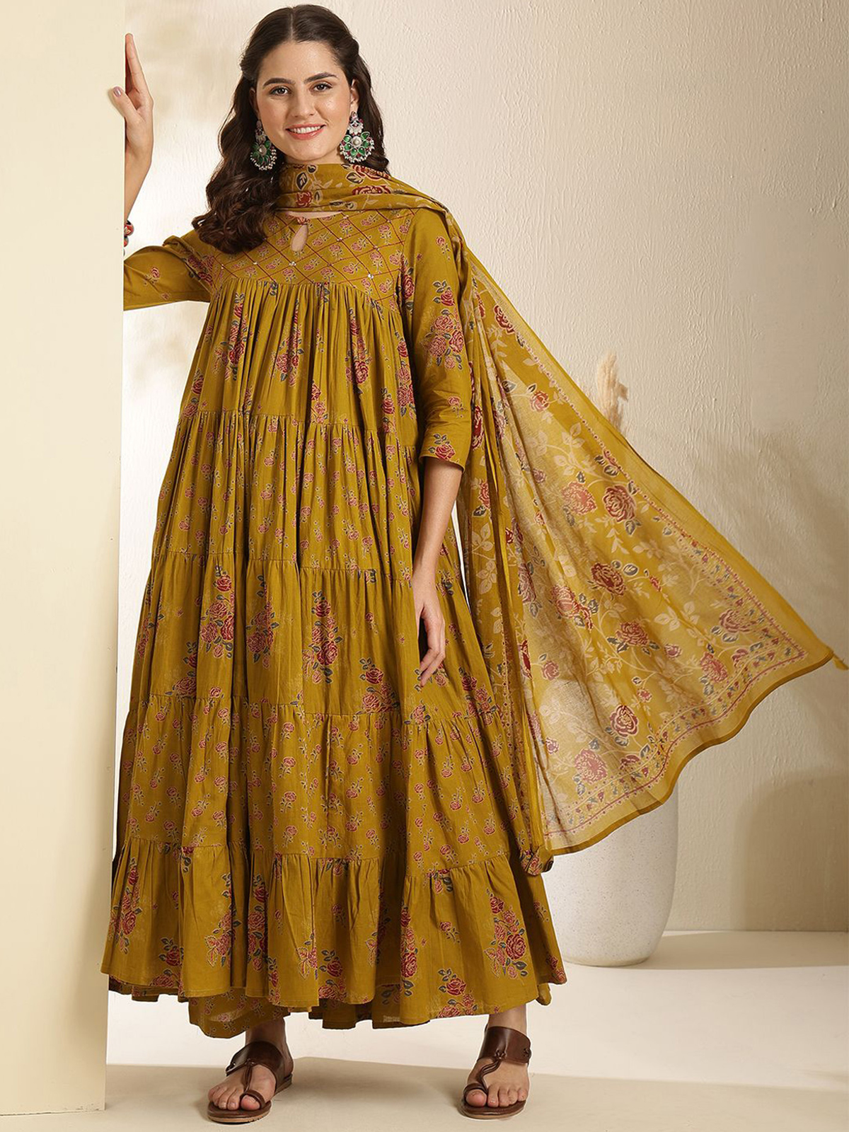 Floral Printed Keyhole Neck Anarkali Pure Cotton Kurta With Trousers & Dupatta