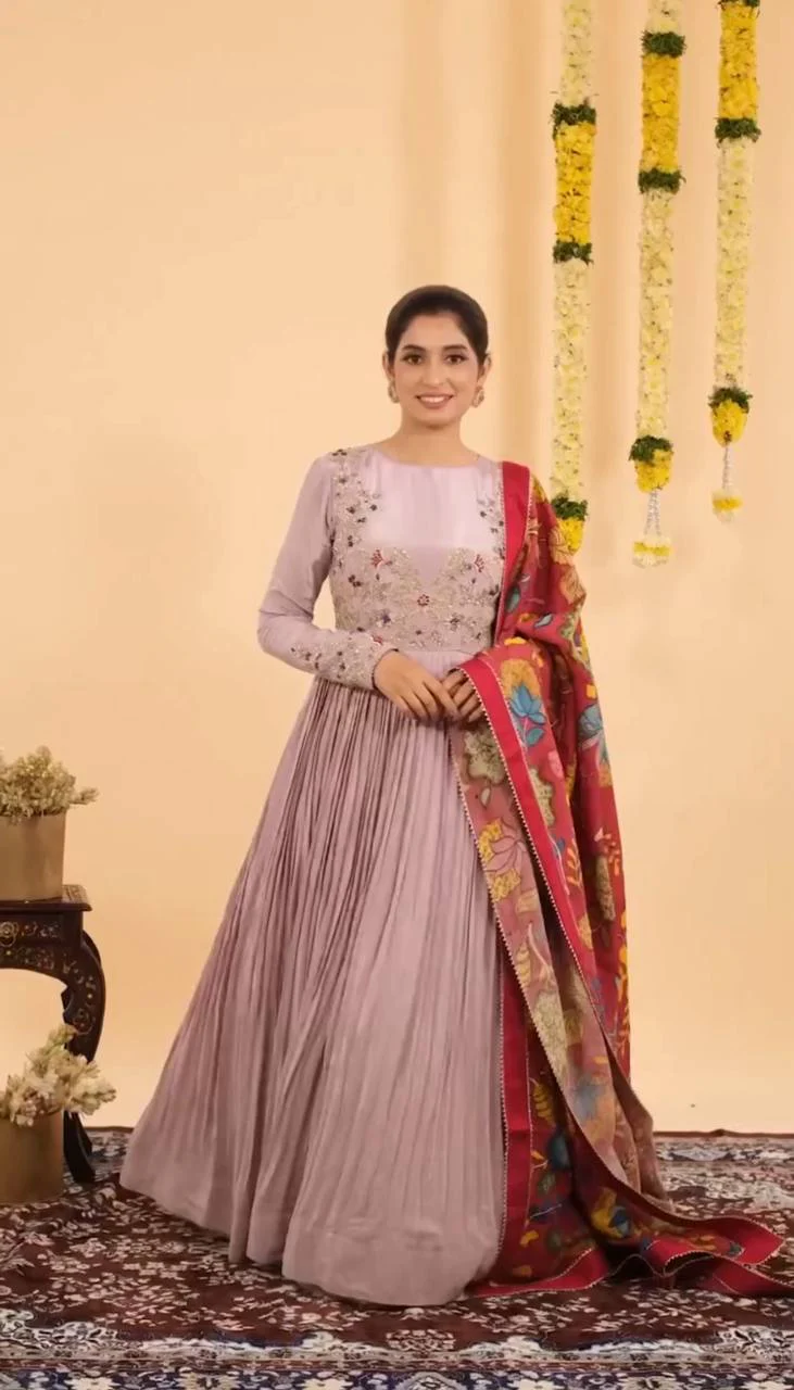 Chinon Sequins Embroidered Gown with Kalamkari Dupatta