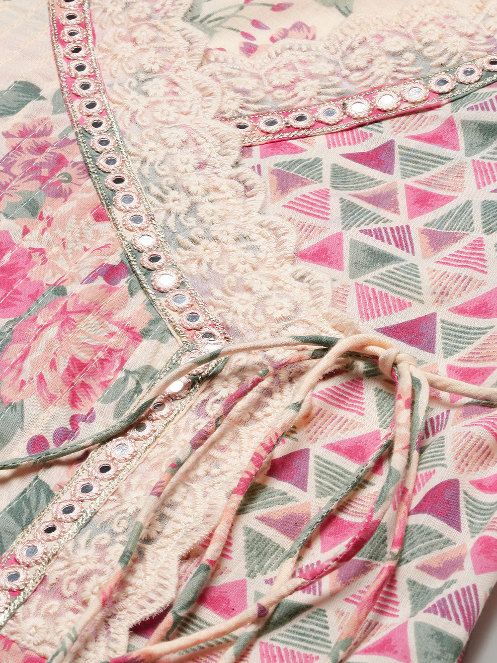 Soft Cotton Cream Floral Printed Anarkali Kurta With Cotton Printed Dupatta & Straight Bottom