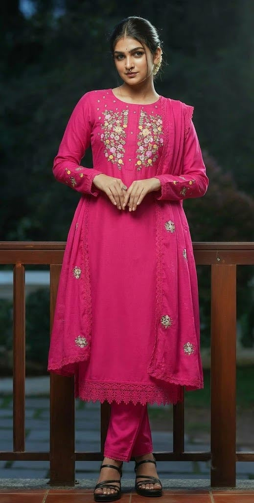 Embroidered Viscose Kurta Set with Dupatta