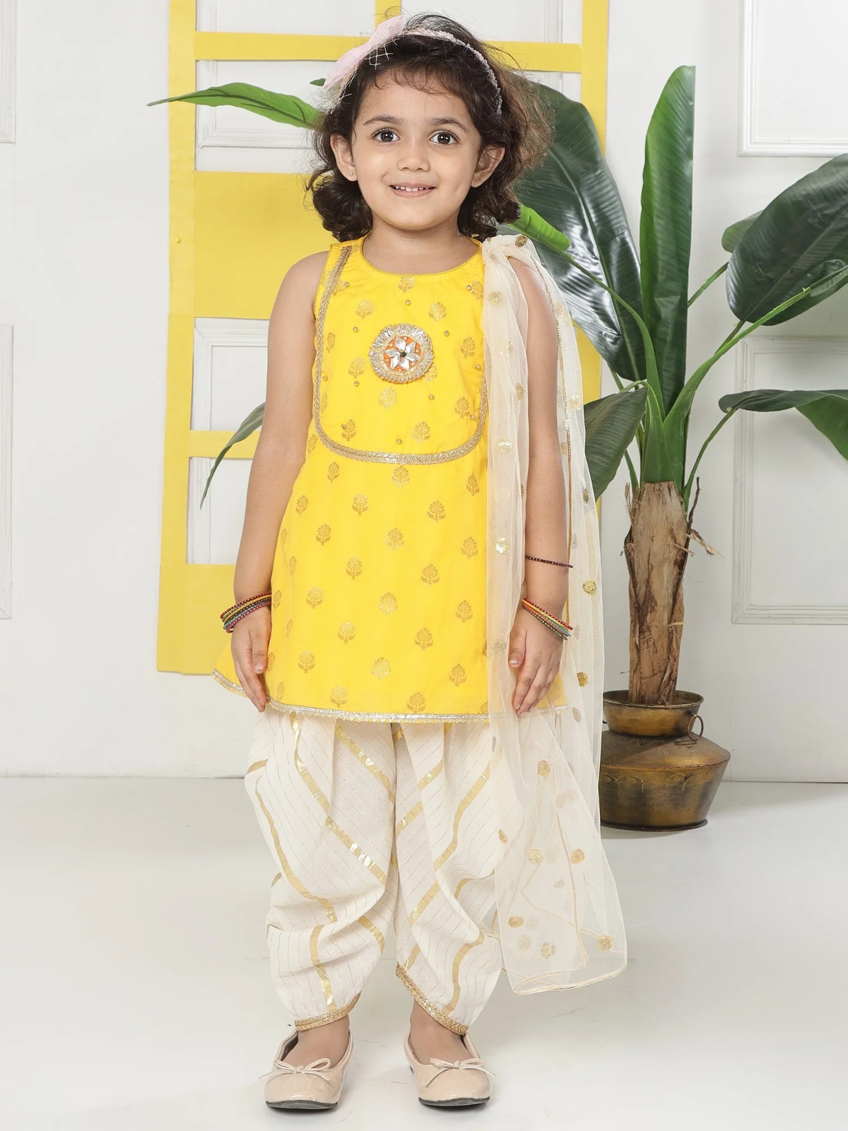 Yellow Cream Floral Zari Embroidery Cotton Kurta Salwar Set with Dupatta