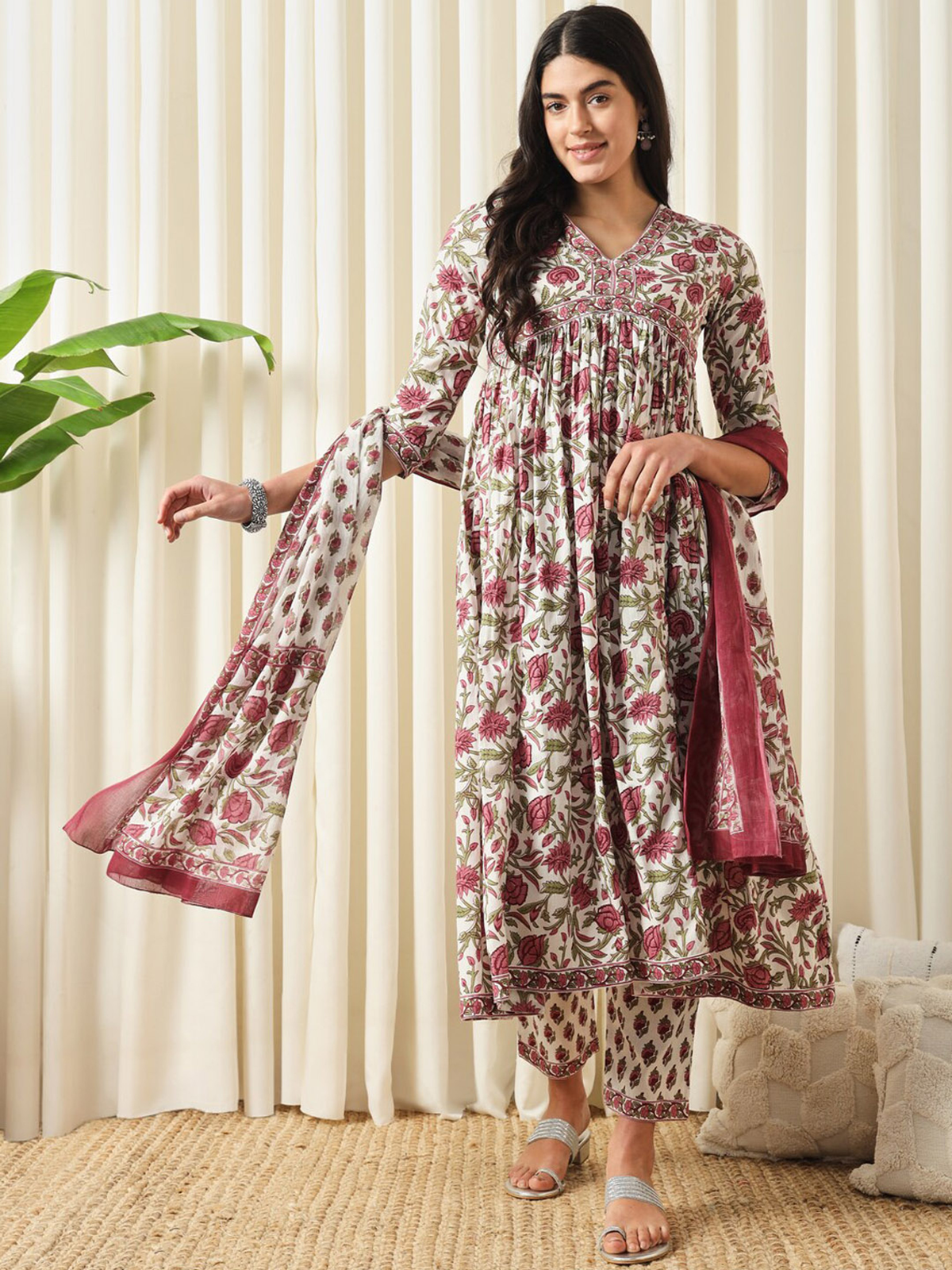 Floral Printed Pure Cotton Empire Kurta With Trouser & Dupatta