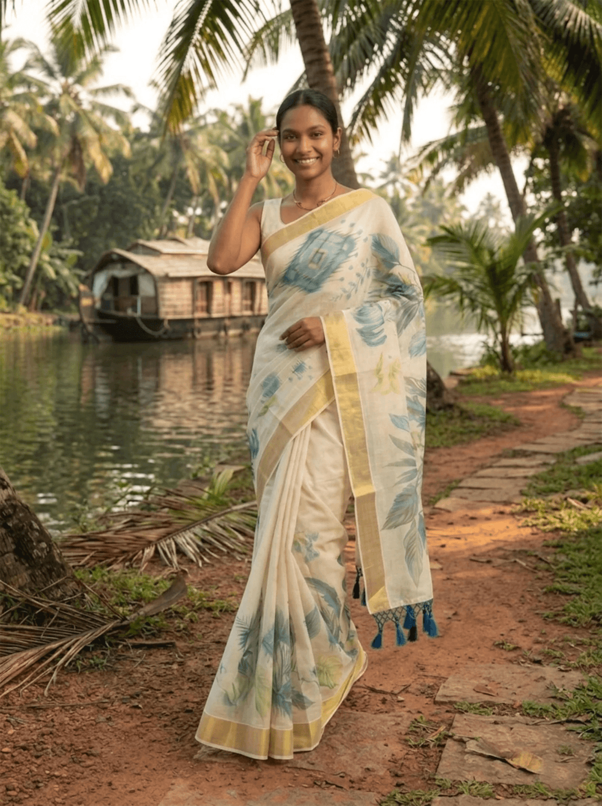 Teal Ikat Diamond Medallion & Tropical Leaf Digital Print, Gold Zari Border & Blue Tassel Pallu