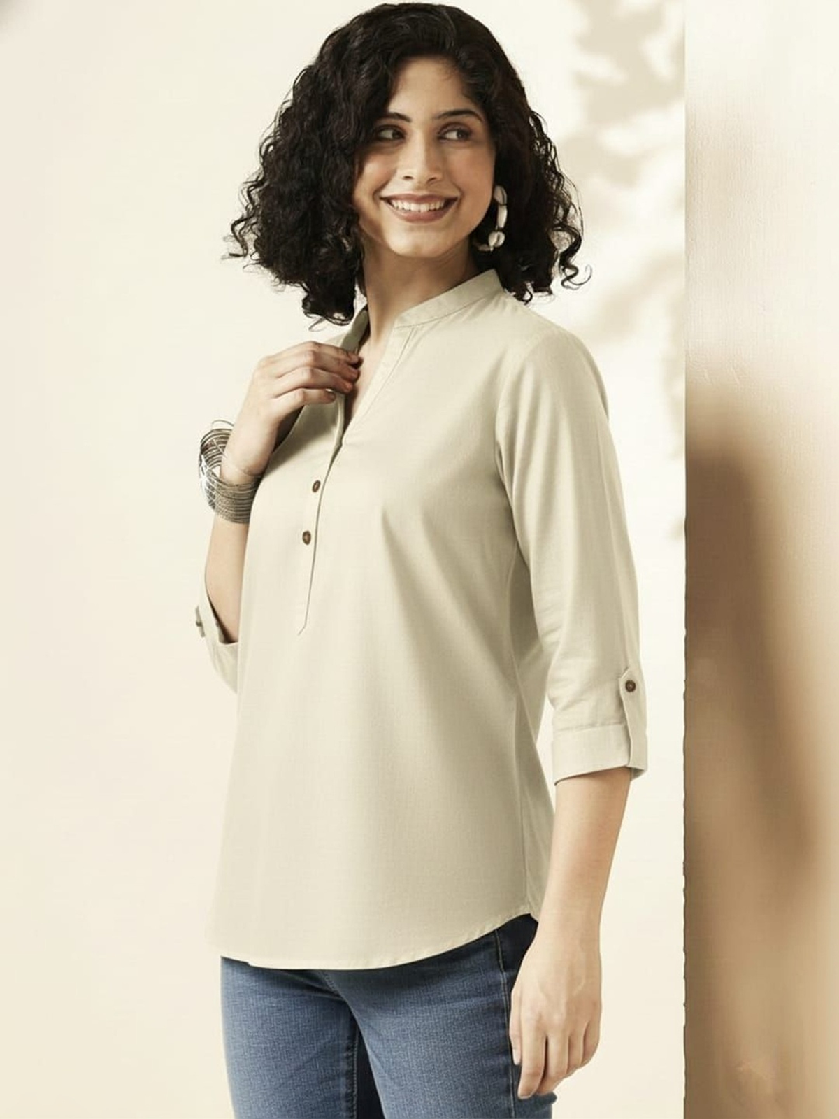 Women’s Beige Straight Kurti with Mandarin Collar AROMIE.STORE