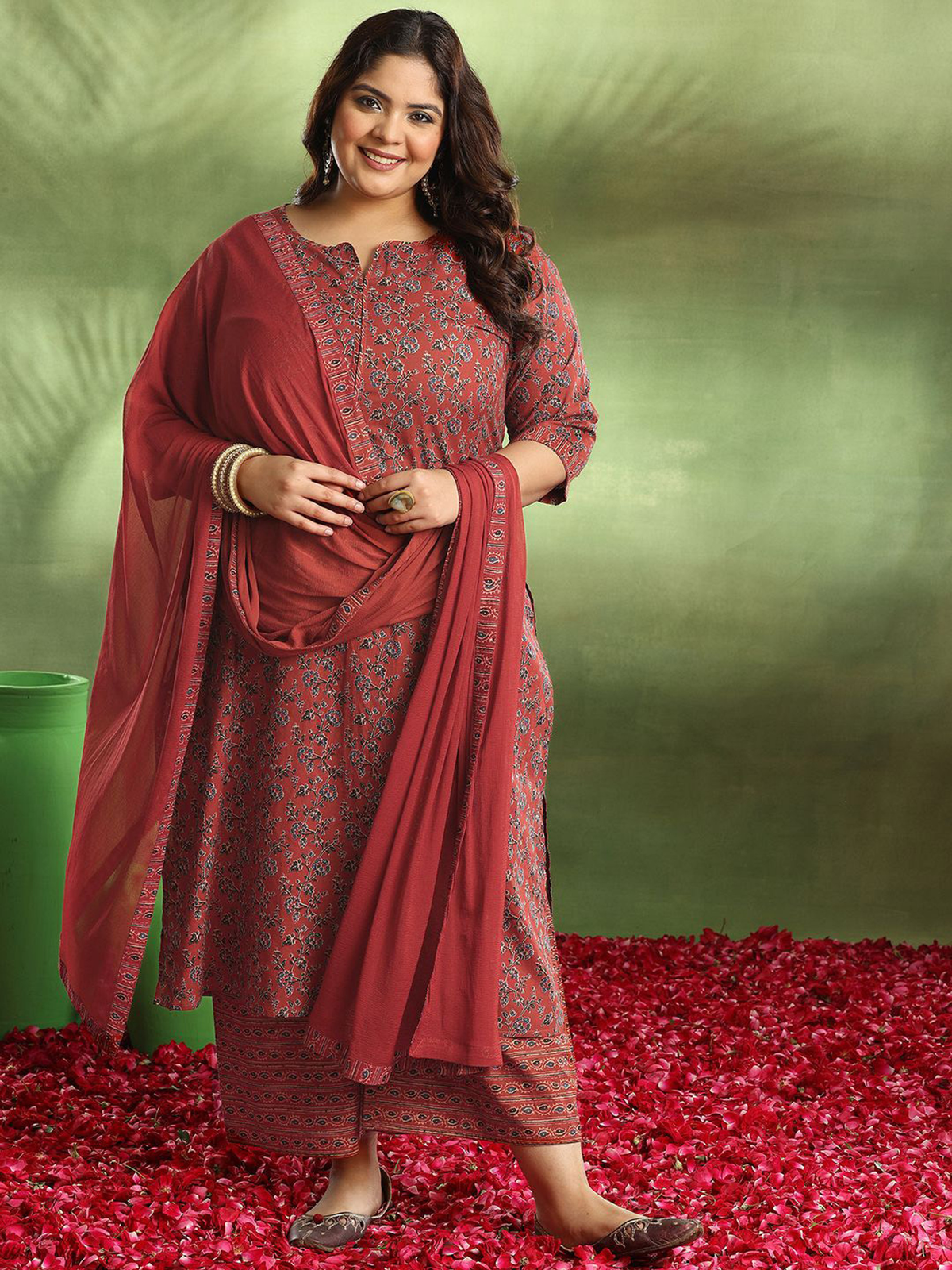 Plus Size Rust Floral Kurta Set with Palazzos & Dupatta aromie