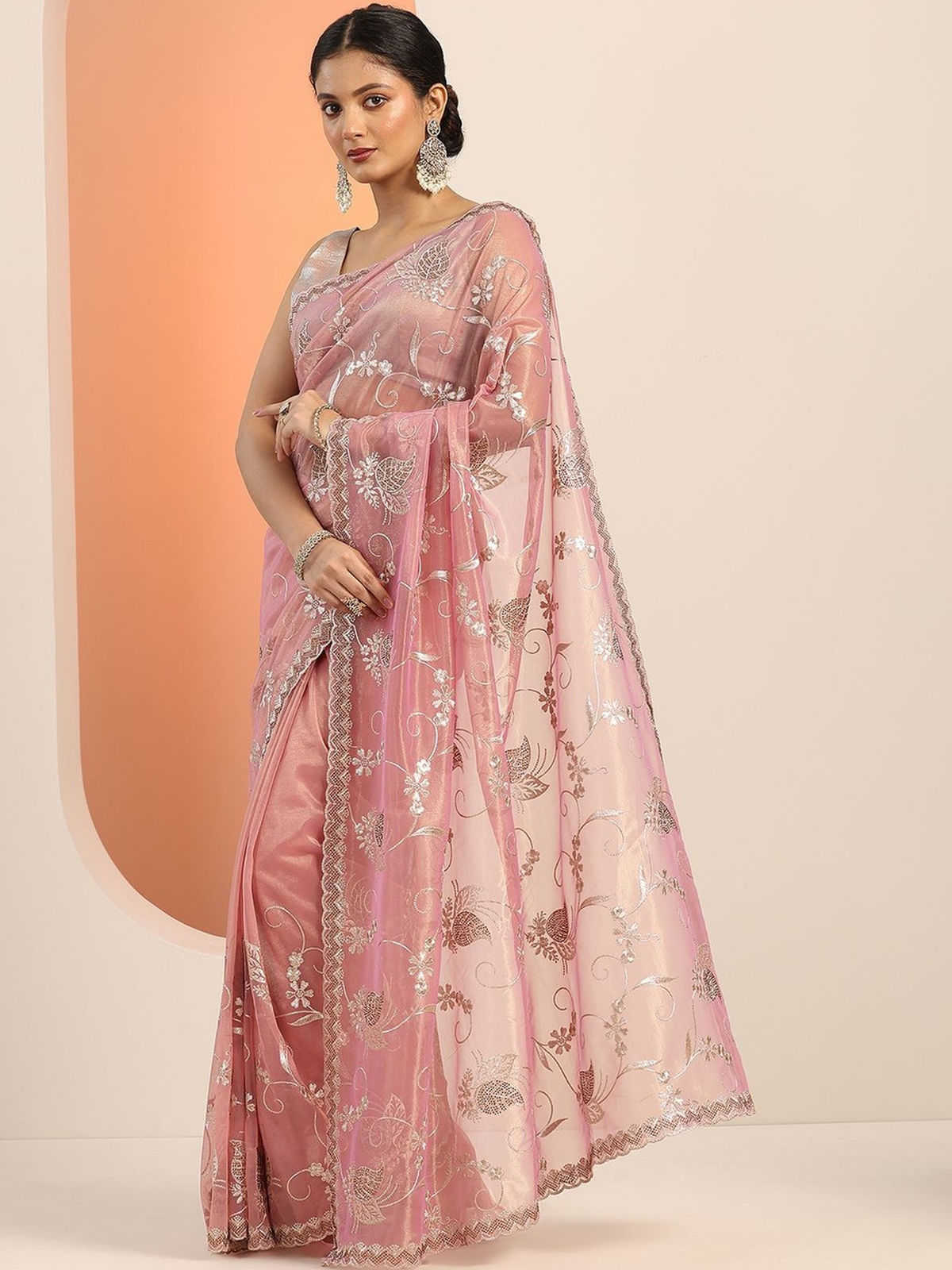 Pink Floral Embroidered Net Saree with Blouse Piece aromie