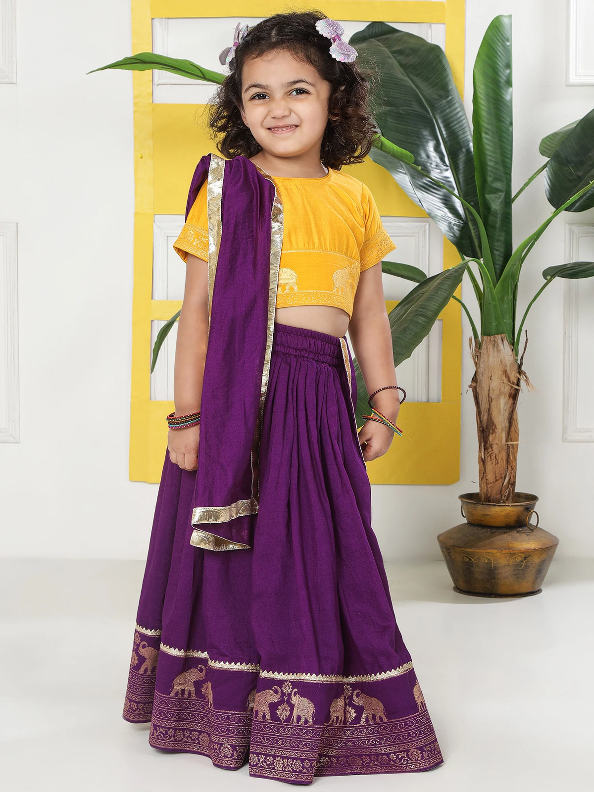 Purple Elephant Zari Embroidery Chanderi Cotton Lehenga with Stitched Yellow Blouse Set