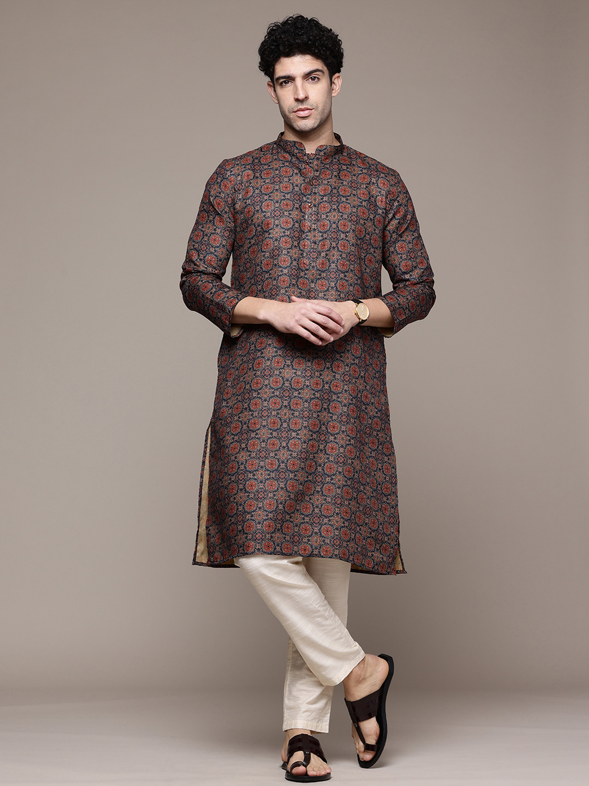 Men’s Navy Blue & Rust Printed Cotton Blend Kurta AROMIE | Affordable Indian Clothes & Dresses in Canada