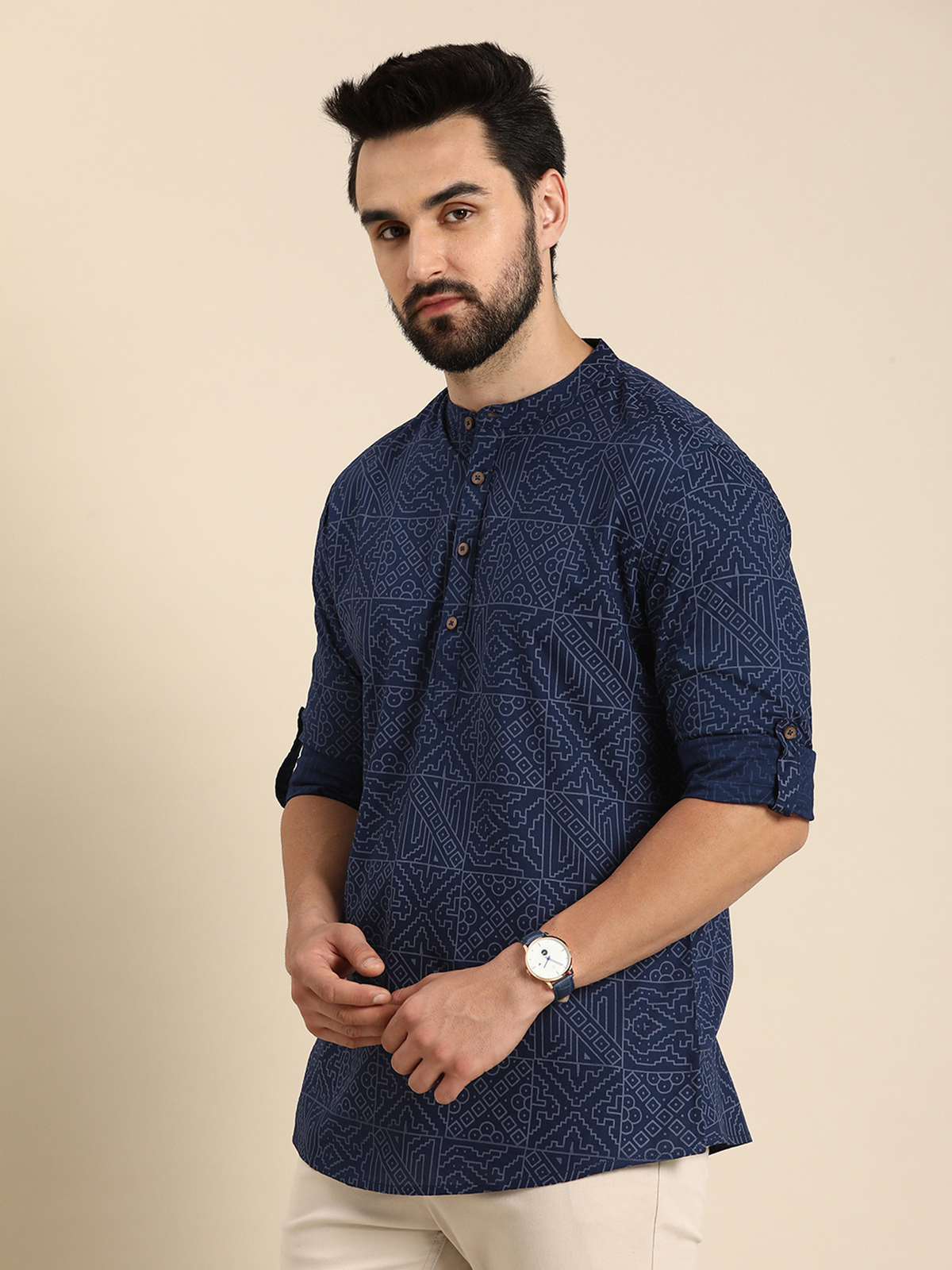 Men’s Navy Blue Geometric Print Cotton Short Kurta AROMIE | Affordable Indian Clothes & Dresses in Canada