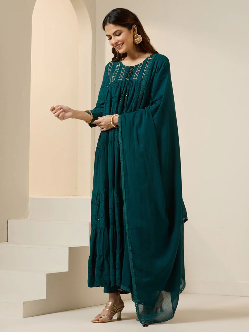 Graceful Green Cotton Blend Schiffli Zari Embroidery Tiered Fit kurta set with dupatta