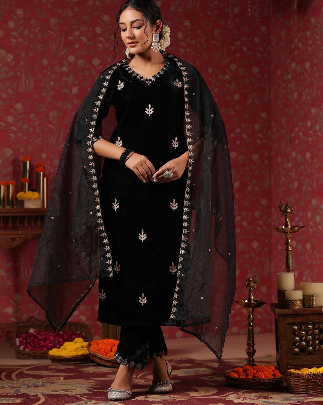 Embroidered Anarkali Kurta Canada aromie three piece black velvet kurta set with net dupatta