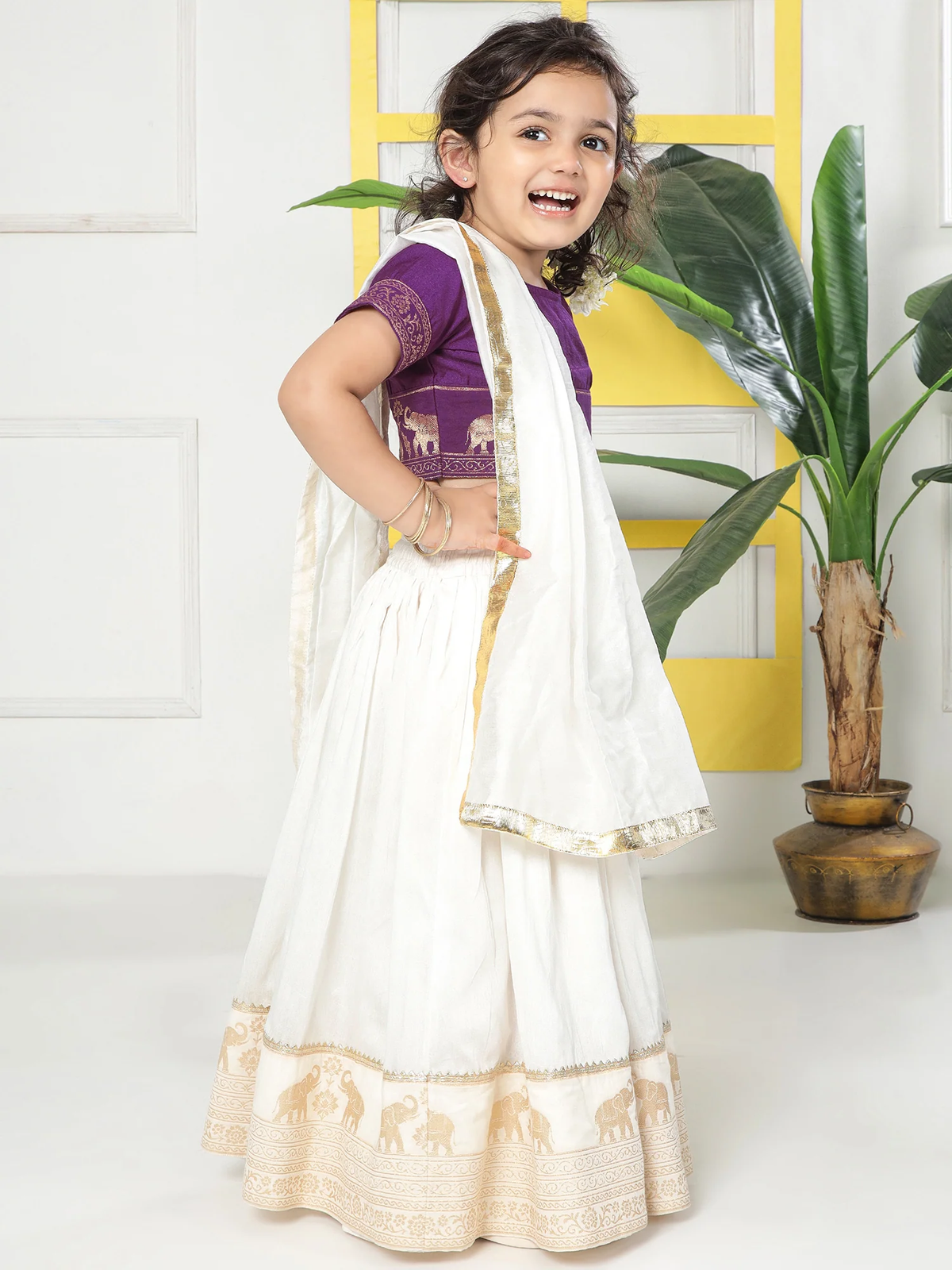 Cream Elephant Zari Embroidery Chanderi Cotton Lehenga with Stitched Purple blouse Set