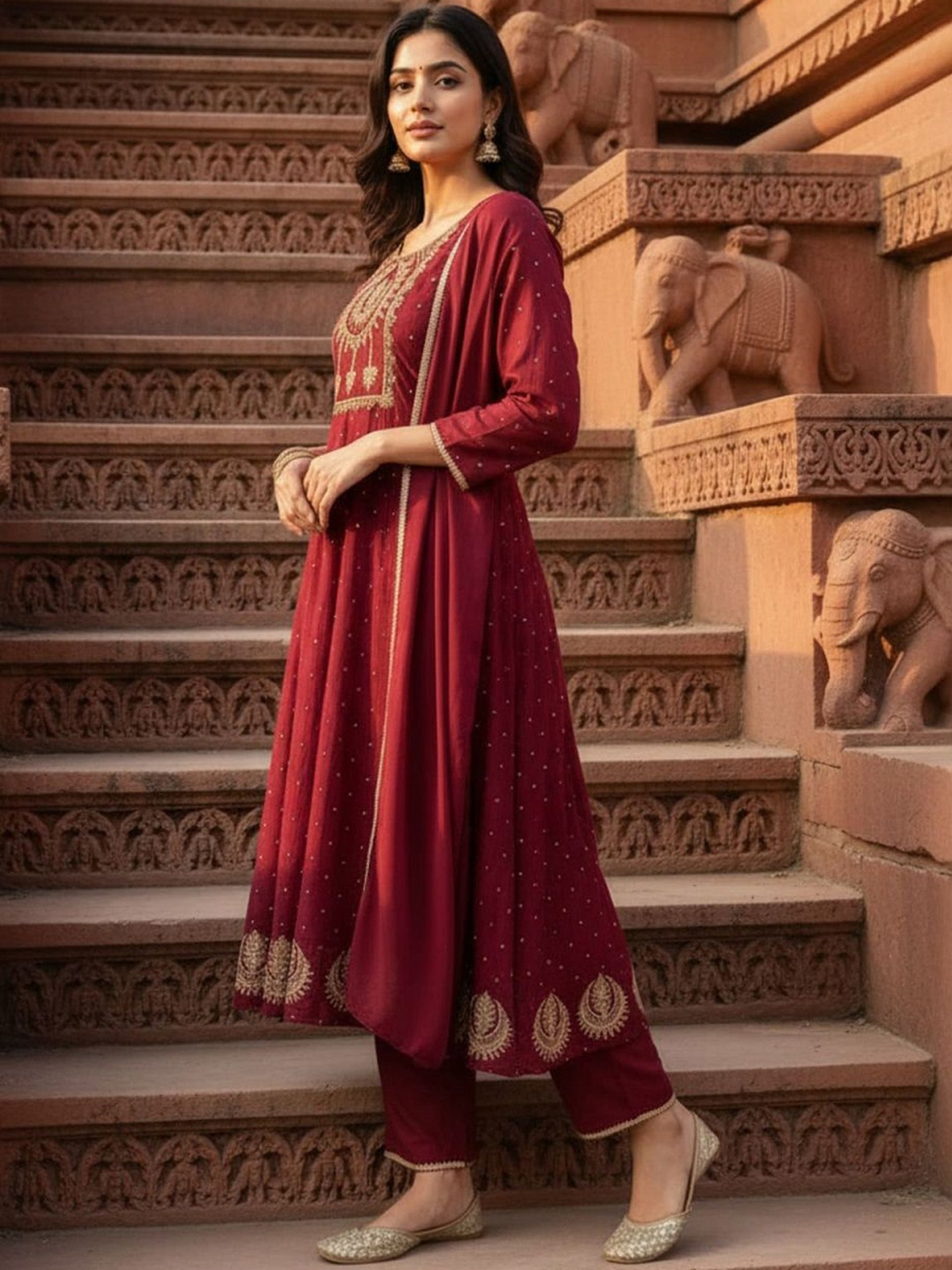 Maroon Printed Silk Blend Anarkali Kurta Set with Dupatta
