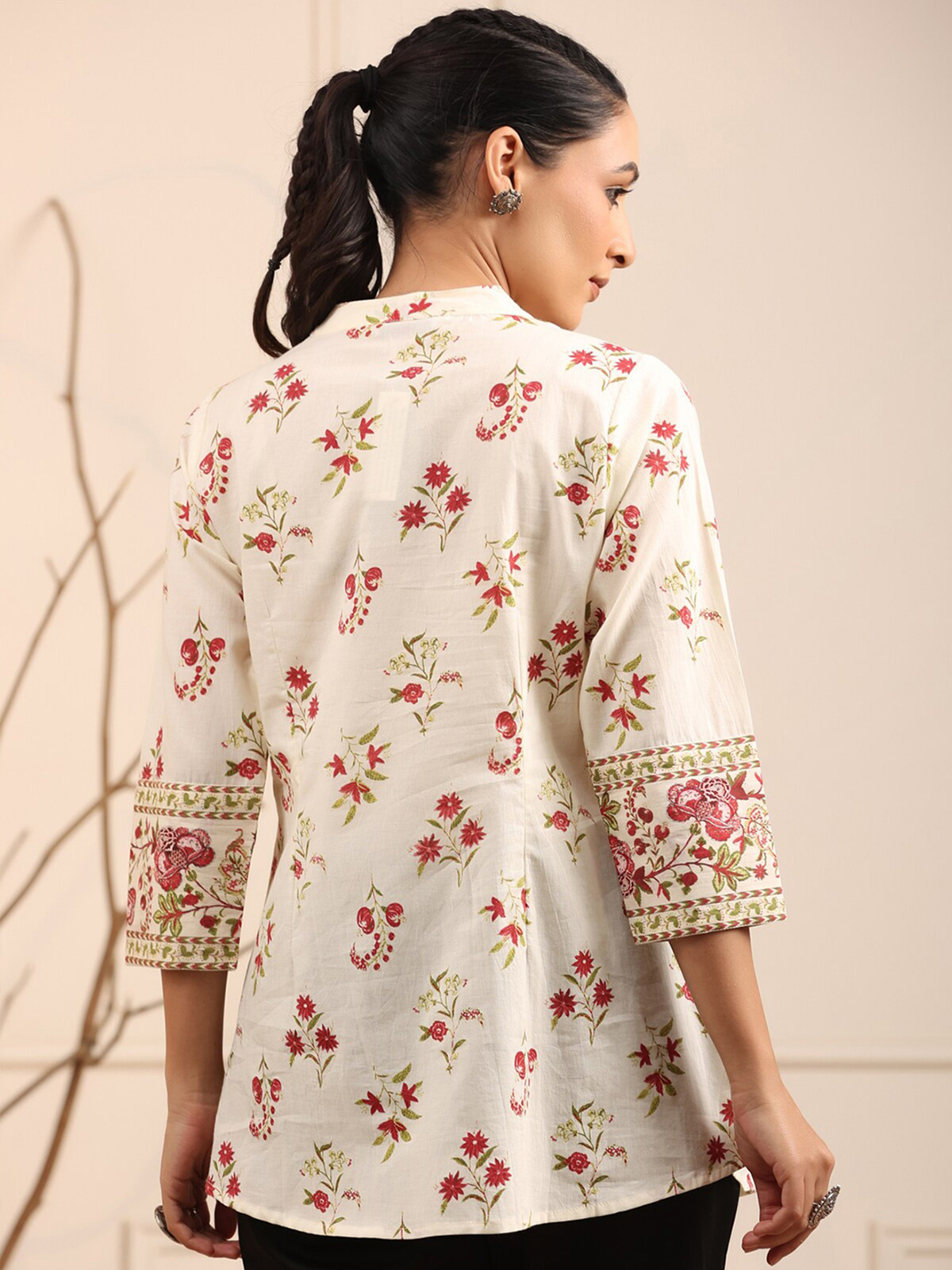 Women’s Cream & Red Floral Print Cotton A-Line Kurti AROMIE.STORE