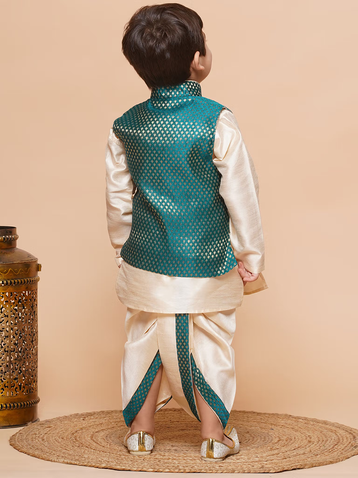 Self Design Raw Silk Dhoti Kurta for Boys with Waistcoat Green (Set of 3)