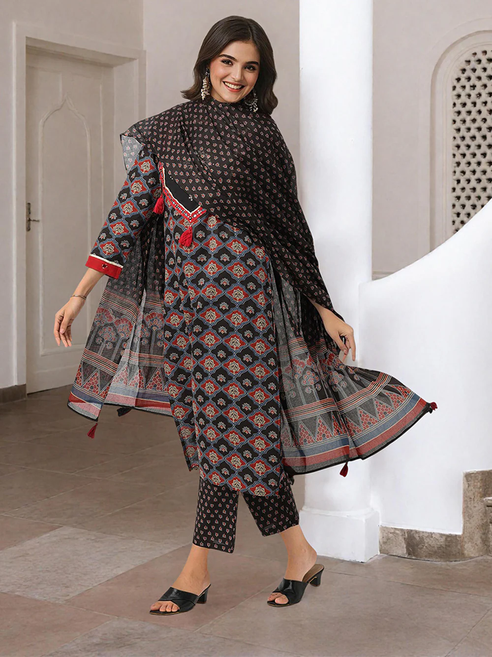 Comfy Black Pure Cotton Ajrakh Print Straight fit kurta set with dupatta